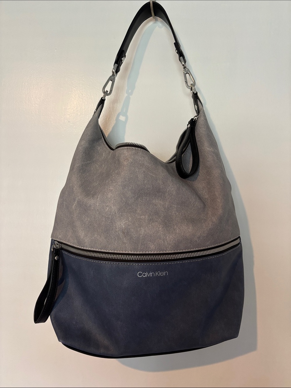Calvin Klein Two-Tone Gray and Navy Vegan Leather Hobo